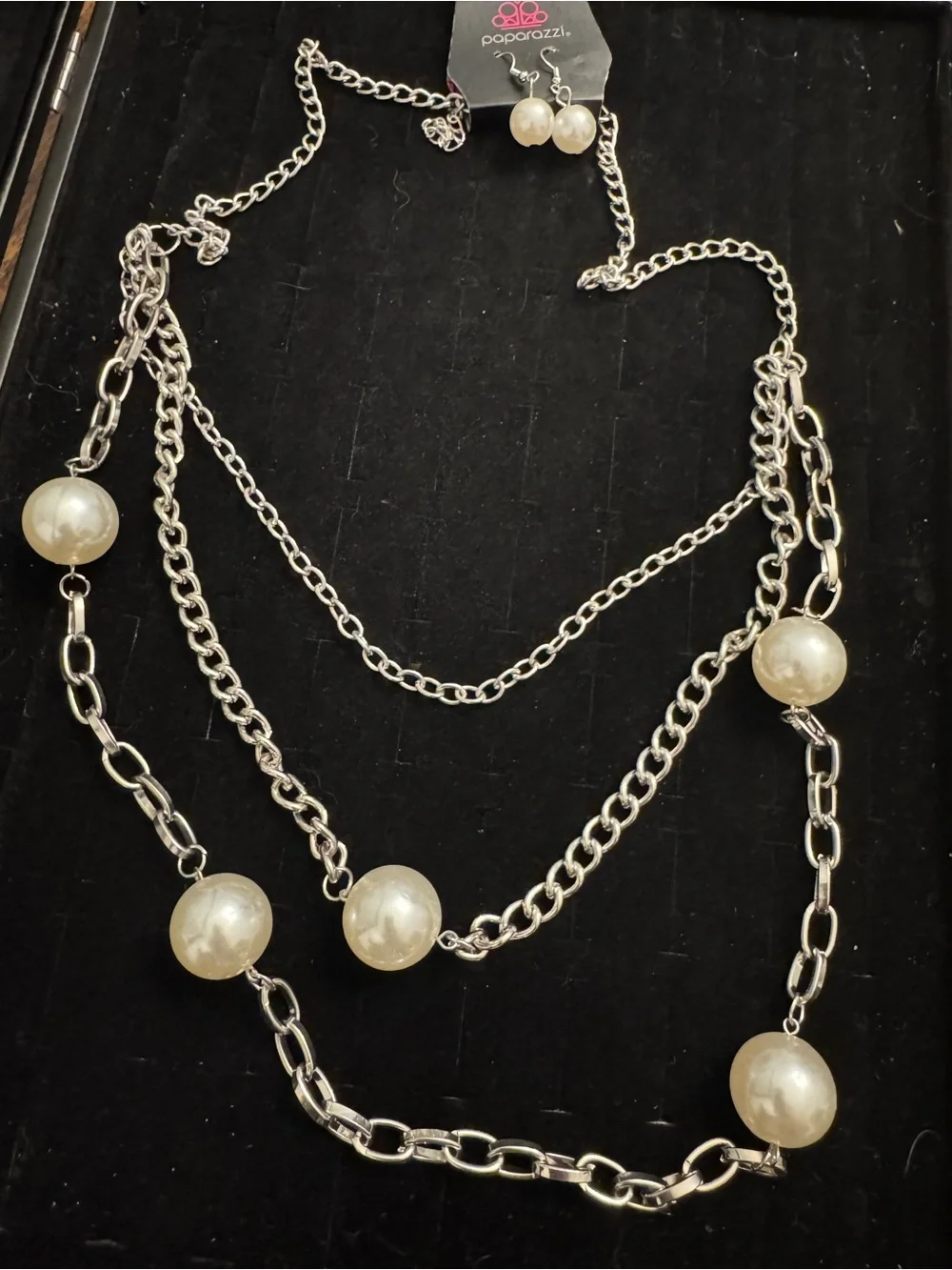 Paparazzi Layered Silver Tone Chain Faux Pearl Necklace & Earrings Set